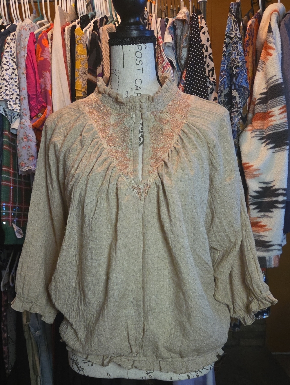 Listicle Beige Ruffled Yoke Peasant Blouse